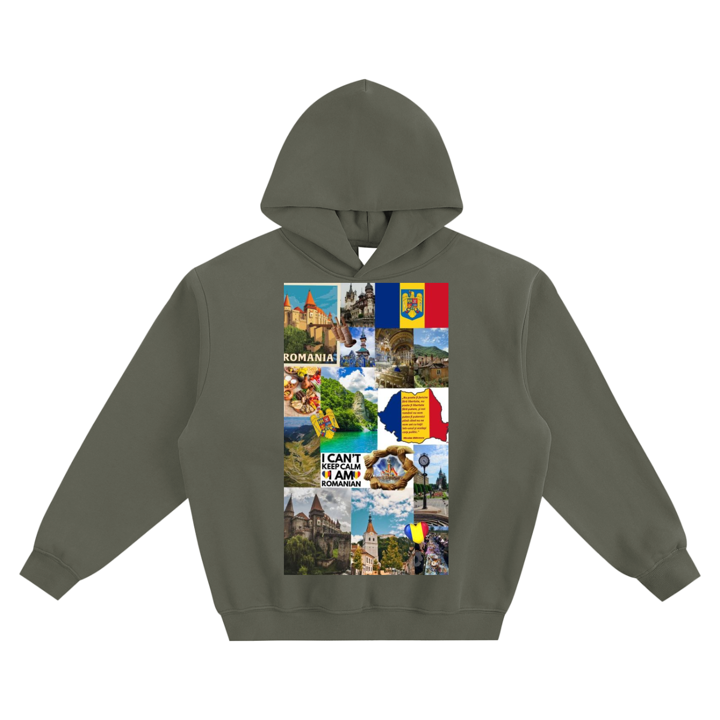 Green hoodie with a colorful collage design on a white background