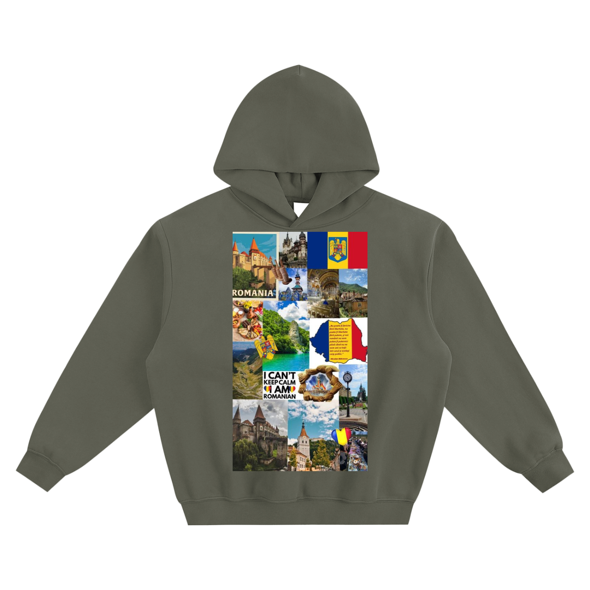 Green hoodie with a colorful collage design on a white background