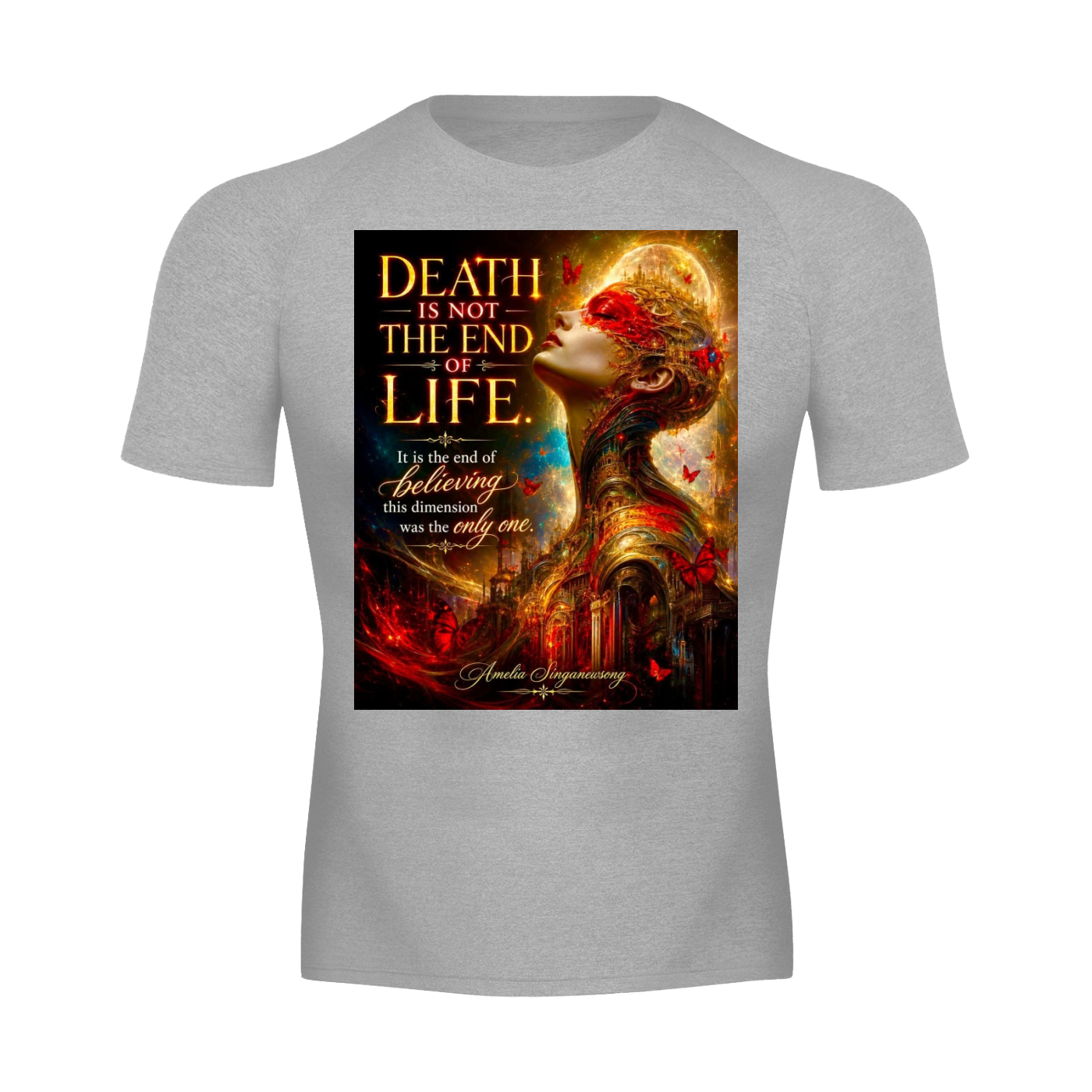 A light gray heather crewneck t-shirt featuring a large rectangular graphic print on the front. The graphic displays a fantasy illustration of a woman's profile with a fiery red and gold dragon head, accompanied by the text 'DEATH IS NOT THE END OF LIFE.