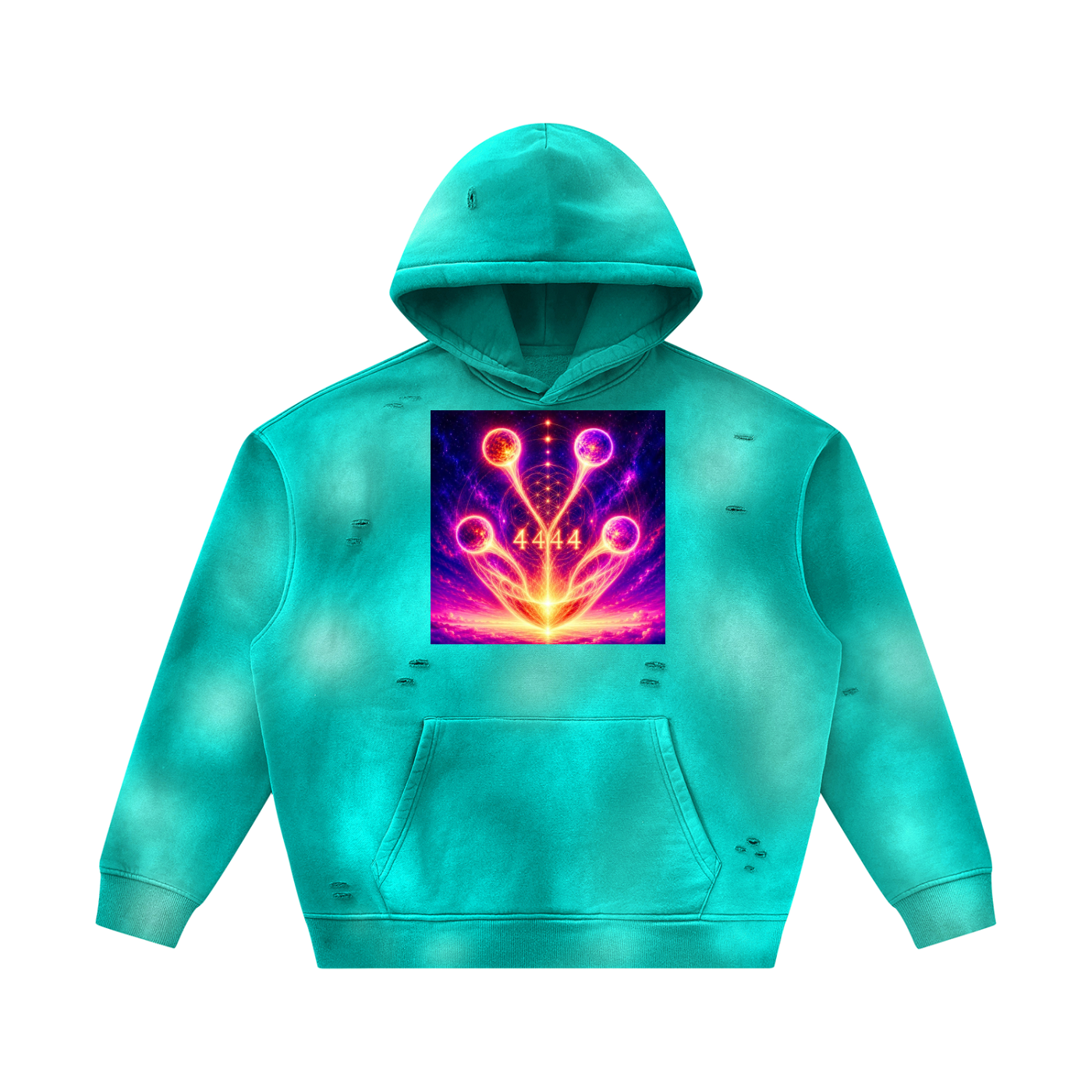 A turquoise hooded sweatshirt with a distressed, tie-dye-like faded pattern and a colorful square graphic on the chest featuring a glowing neon-like abstract design in purple, pink, orange, and yellow, shown on a plain white background.
