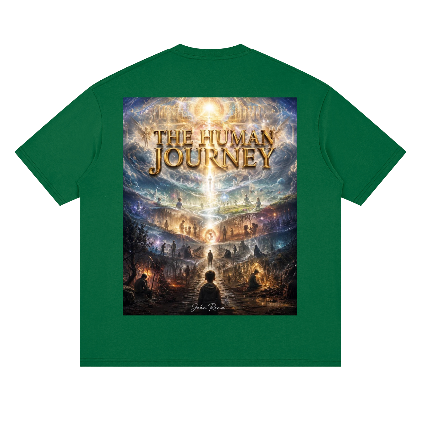 Green t-shirt with 'The Human Journey' graphic design on a white background