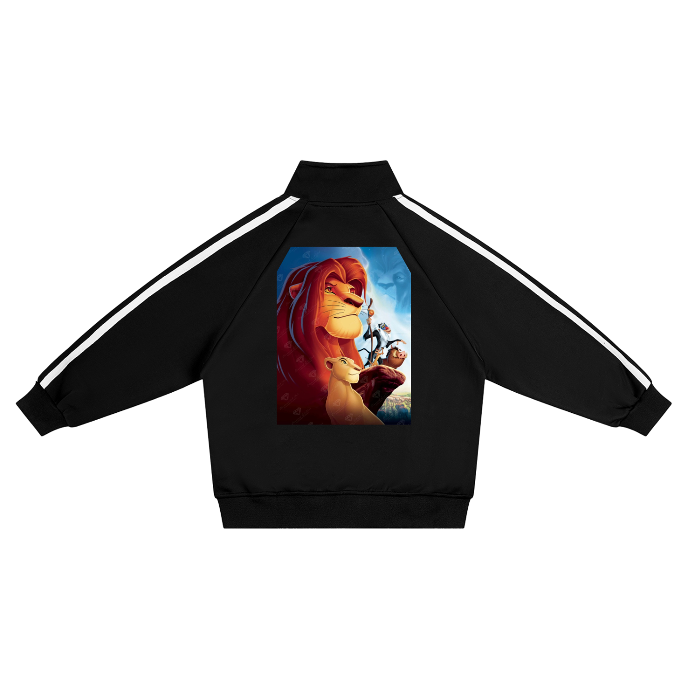 Black tracksuit with 'The Lion King' movie poster on the back against a white background