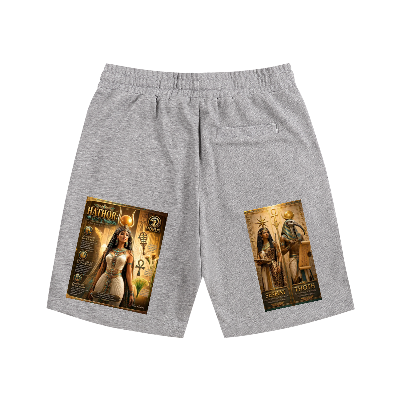 Light heather gray drawstring shorts with graphic prints of Egyptian-themed tarot cards featuring Hatsheph and Cleopatra on the left and right legs, shown against a plain white background.