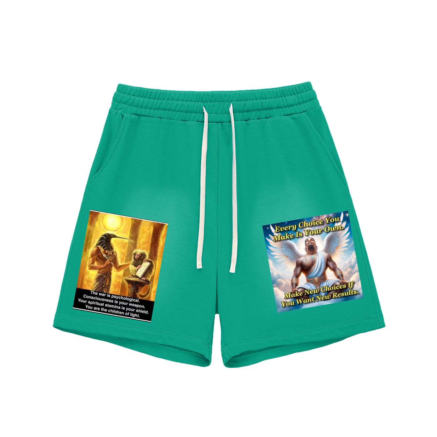 Green shorts with graphic designs on a white background