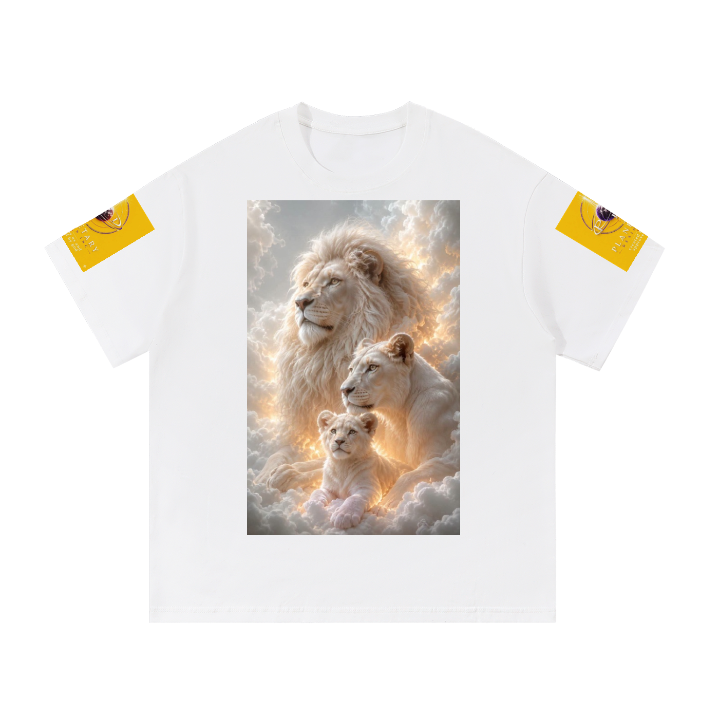 A white short-sleeve crewneck t-shirt featuring a large rectangular graphic print of a lion, lioness, and cub in glowing clouds on the front. The sleeves have small yellow graphic patches on the upper left and right sleeves.