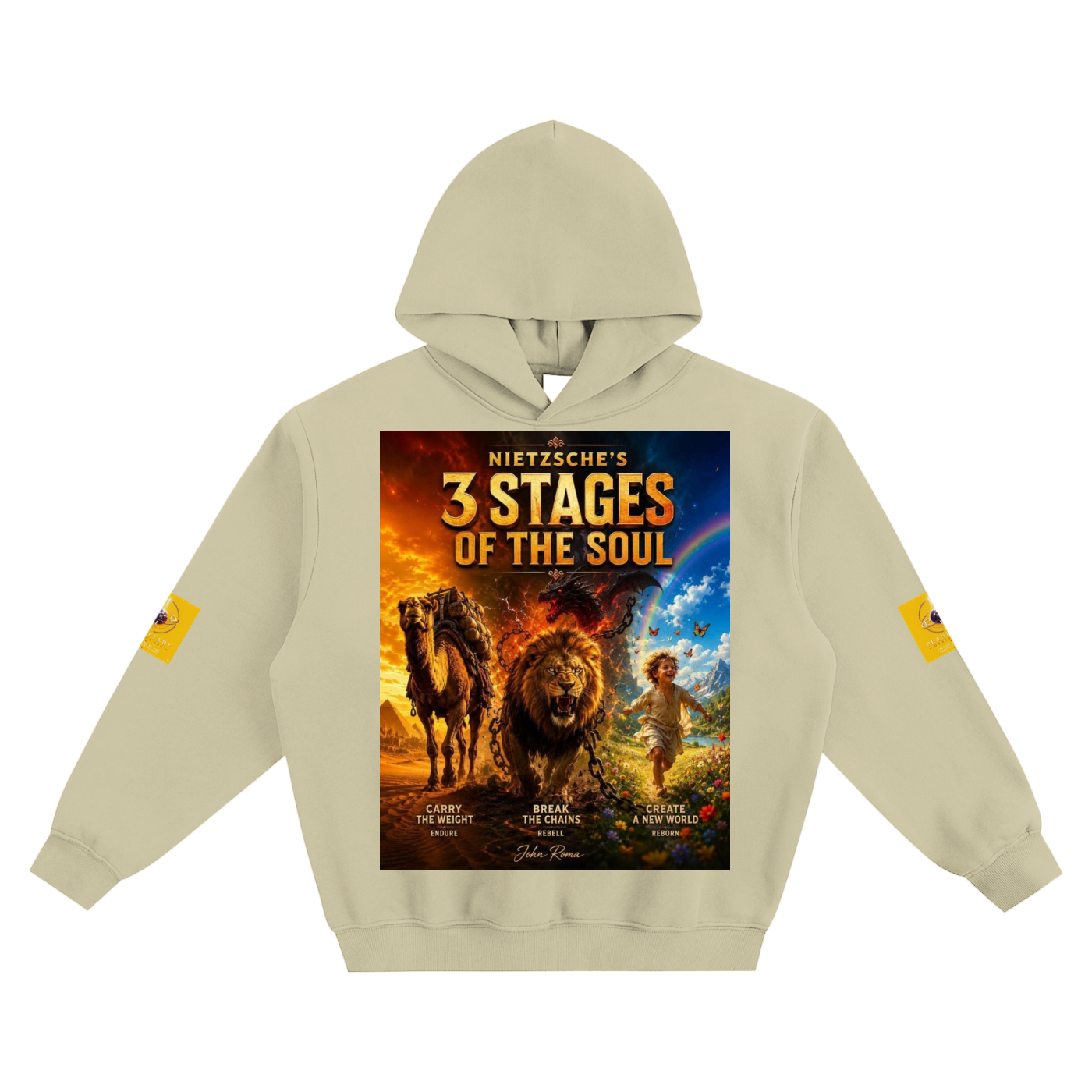 Beige hoodie with '3 Stages of the Soul' graphic design on a white background