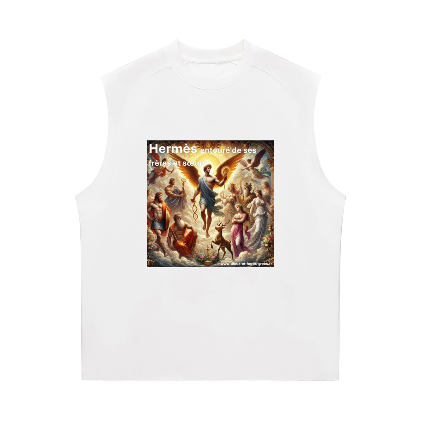 White sleeveless shirt with a graphic design on a white background