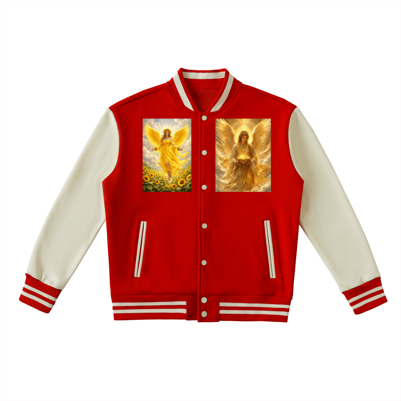 A red and cream varsity-style jacket with two square graphic prints of angels on the chest, displayed on a clean white background.