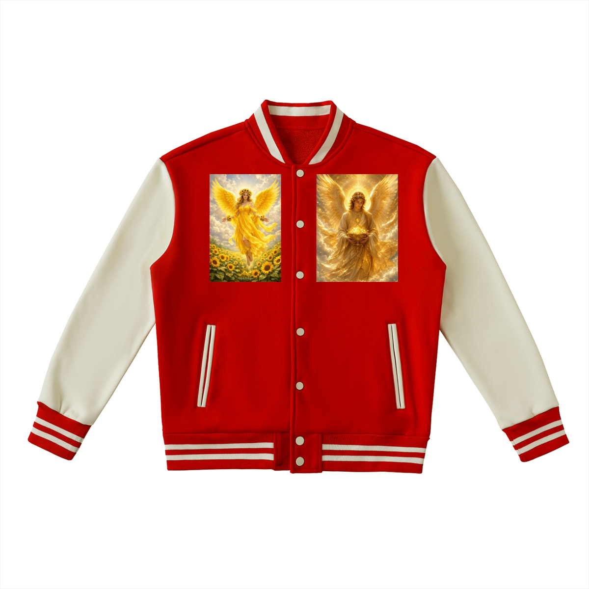 A red and cream varsity-style jacket with two square graphic prints of angels on the chest, displayed on a clean white background.