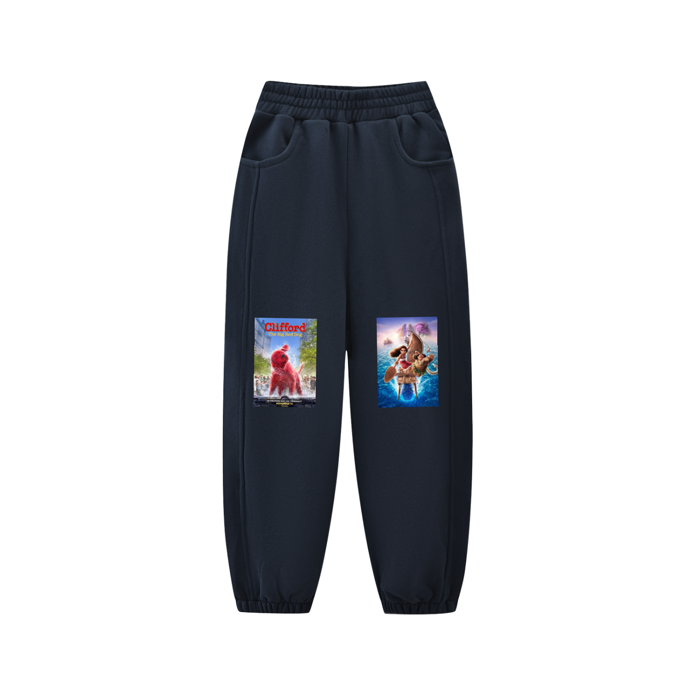 Black sweatpants with character prints on a white background