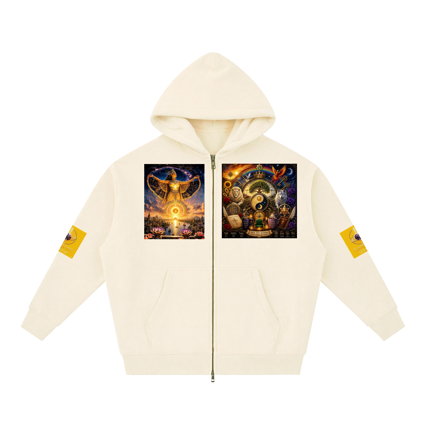 An off-white zip-up hoodie with a front zipper, kangaroo pockets, and two large square graphic prints on the chest. The left chest print shows a glowing angel figure, and the right chest print shows a mystical character with a staff.