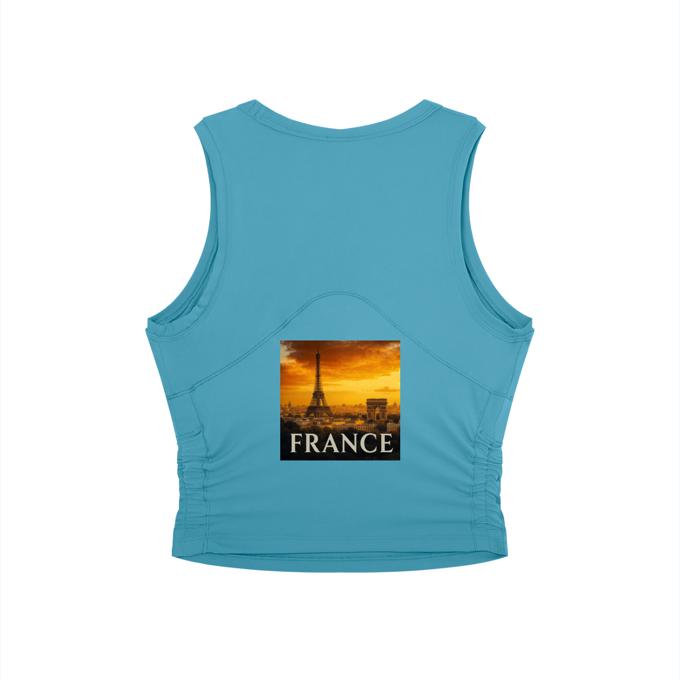 Blue tank top with a graphic of the Eiffel Tower and 'France' text on a white background