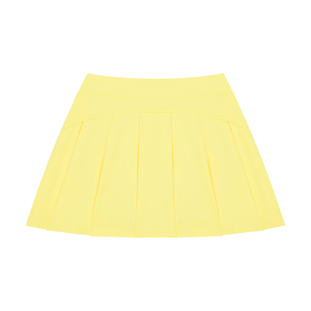 A light yellow pleated mini skirt with a wide waistband, shown flat against a solid white background.