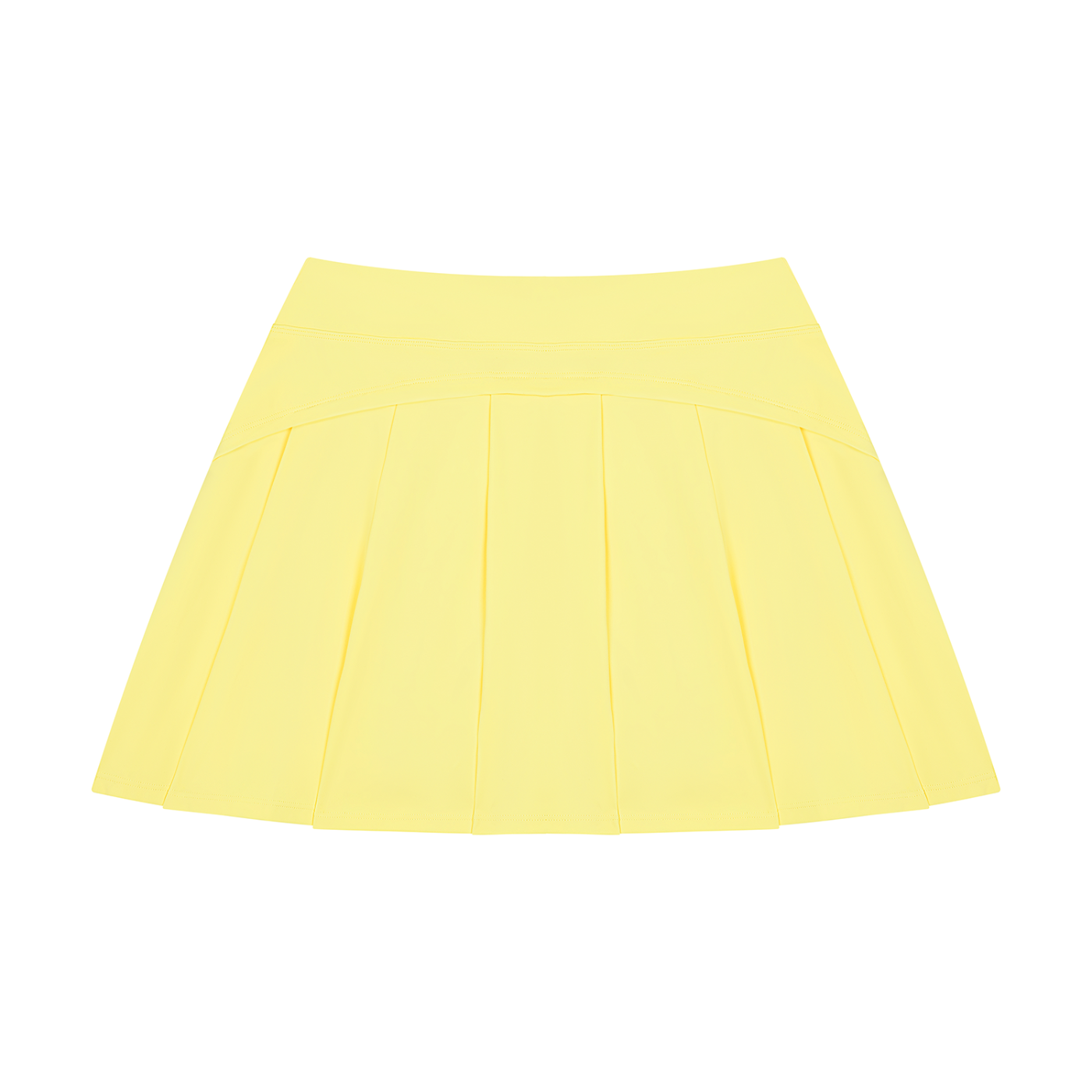 A light yellow pleated mini skirt with a wide waistband, shown flat against a solid white background.