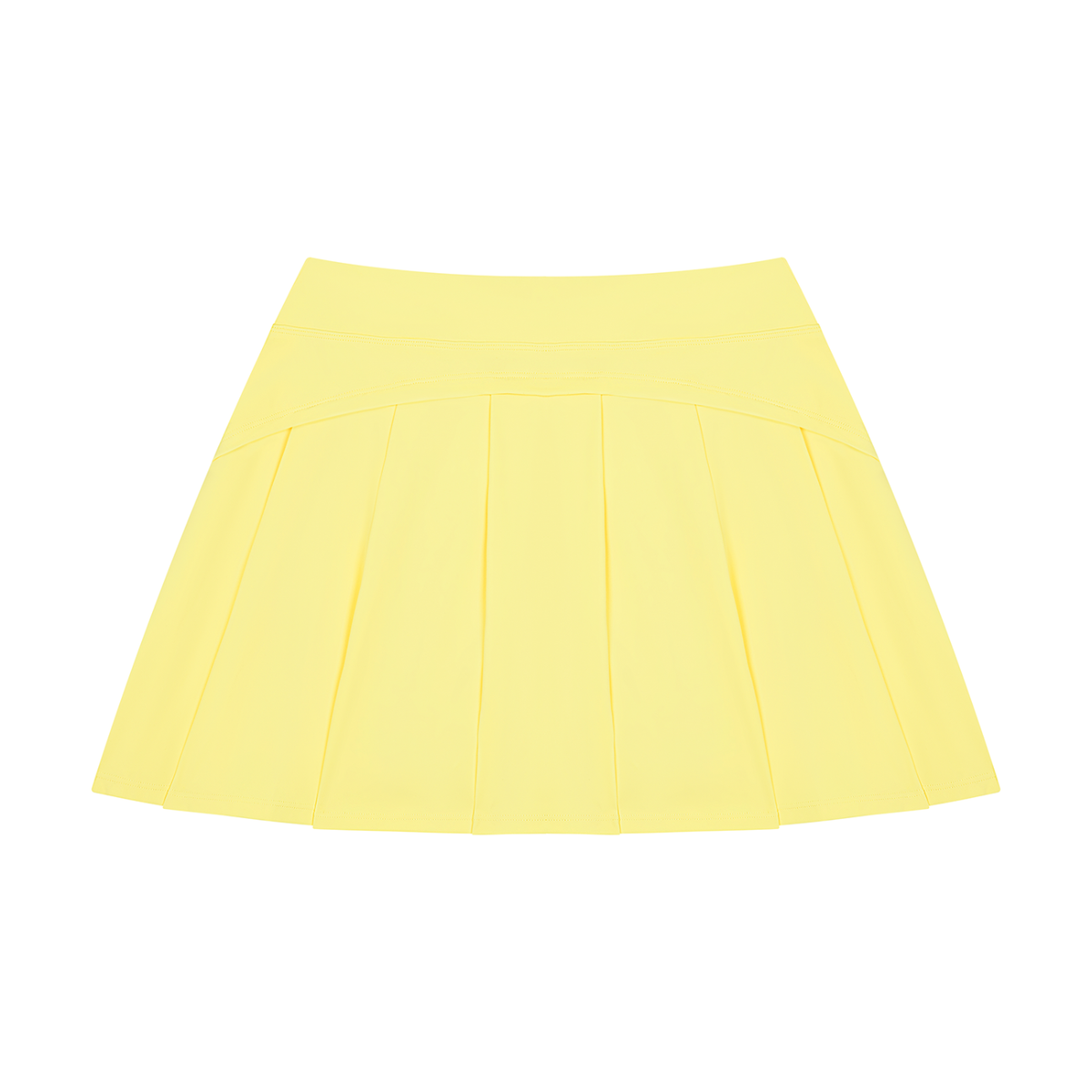 A light yellow pleated mini skirt with a wide waistband, shown flat against a solid white background.